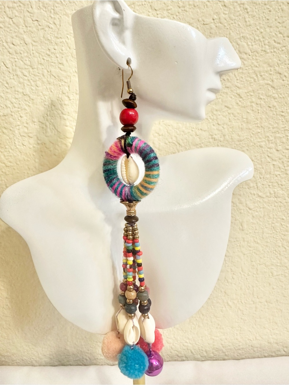 7” Bohemian Multicolor Shell & Pom Pom Drop Earrings
